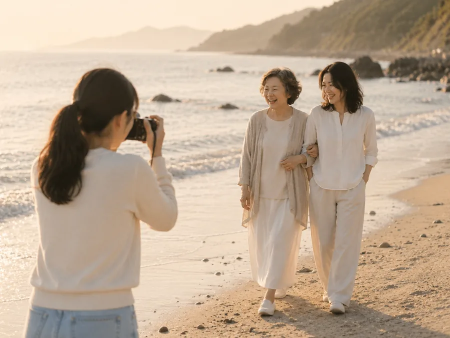 해변에서 서로의 모습을 사진으로 담는 순간