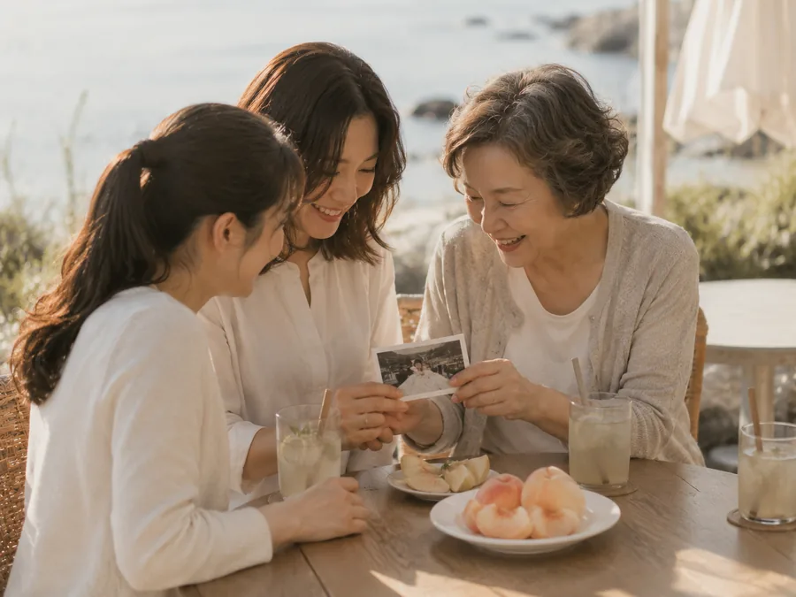 바닷가 카페에서 사진을 보며 웃는 세 사람